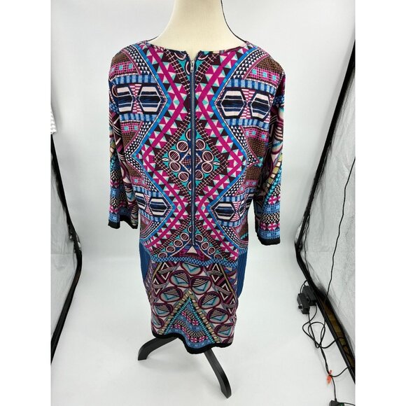 Pink Owl Womens Size L Multicolor Geometric Print Dress 3/4 Sleeve Boho Tunic - Picture 4 of 7
